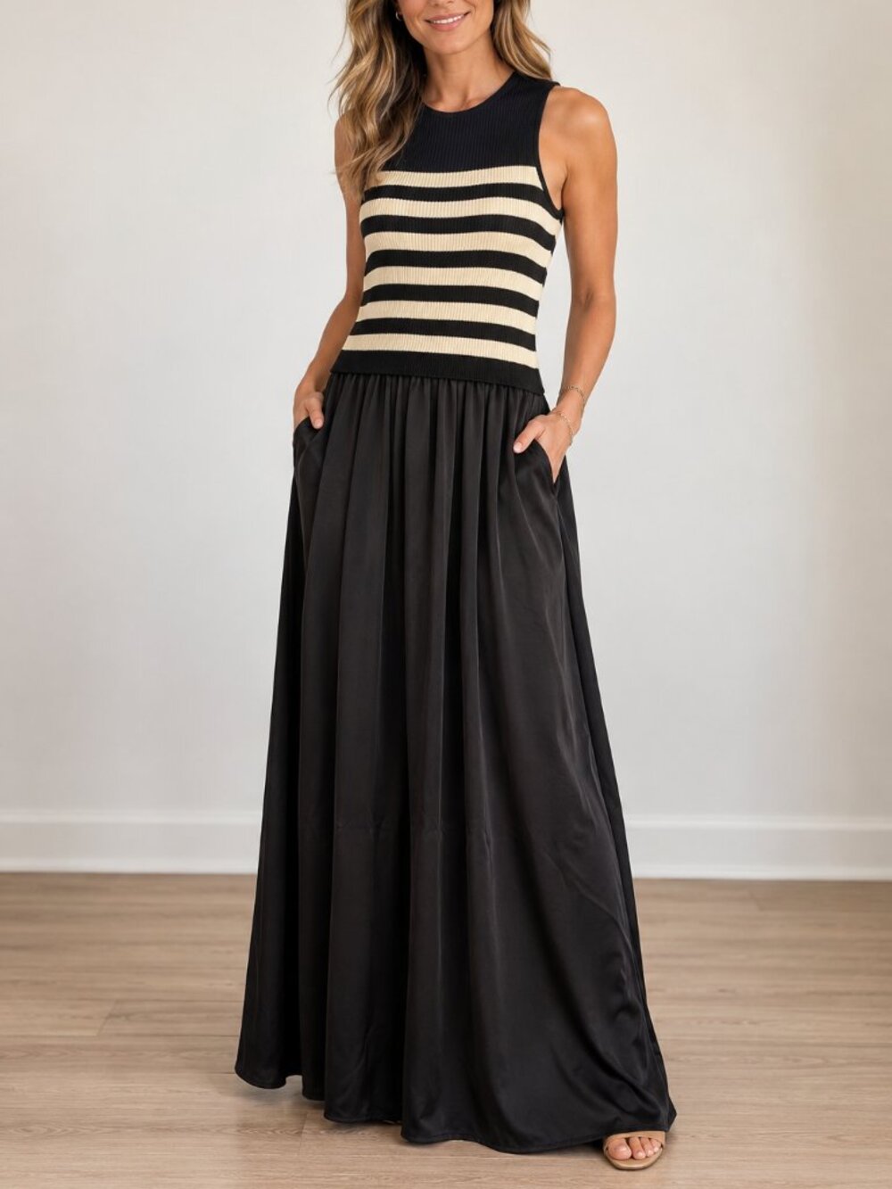 New W/Tags Taylor Black & Cream Striped Knit Satin Maxi Dress Size S